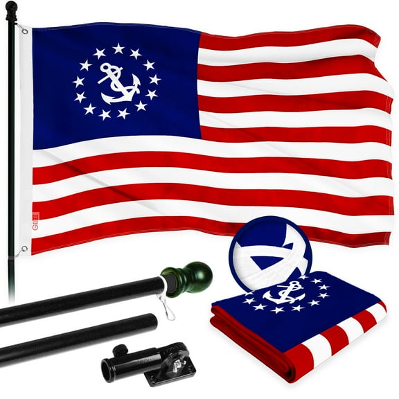 G128 Combo Pack: 5 Ft Tangle Free Aluminum Spinning Flagpole (Black) & American USA Yacht Ensign Flag 2x3 Ft, ToughWeave Series Embroidered 300D Polyester | Pole with Flag Included