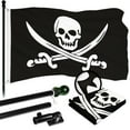 thumbnail image 1 of G128 Combo Pack: 5 Ft Tangle Free Aluminum Spinning Flagpole (Black) & Pirate Jolly Roger Swords Flag 2x3 Ft, ToughWeave Series Embroidered 300D Polyester | Pole with Flag Included, 1 of 9
