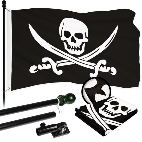 G128 Combo Pack: 5 Ft Tangle Free Aluminum Spinning Flagpole (Black) & Pirate Jolly Roger Swords Flag 2x3 Ft, ToughWeave Series Embroidered 300D Polyester | Pole with Flag Included
