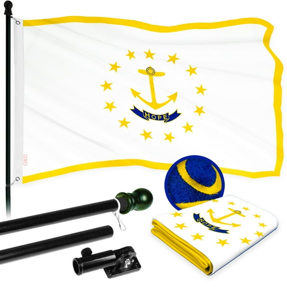 G128 Combo Pack: 5 Ft Tangle Free Aluminum Spinning Flagpole (Black) & Rhode Island RI State Flag 2x3 Ft, ToughWeave Series Embroidered 300D Polyester | Pole with Flag Included