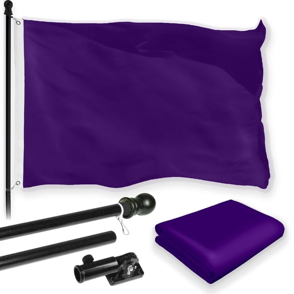 G128 Combo Pack: 5 Ft Tangle Free Aluminum Spinning Flagpole (Black) & Solid Purple Color Flag 2.5x4 Ft, LiteWeave Pro Series Printed 150D Polyester | Pole with Flag Included