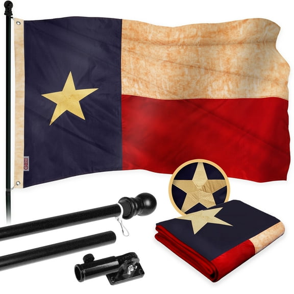 G128 Combo Pack: 5 Ft Tangle Free Aluminum Spinning Flagpole (Black) & Texas Tea-Stained Flag 2.5x4 Ft, ToughWeave Pro Series Embroidered 420D Polyester | Pole with Flag Included