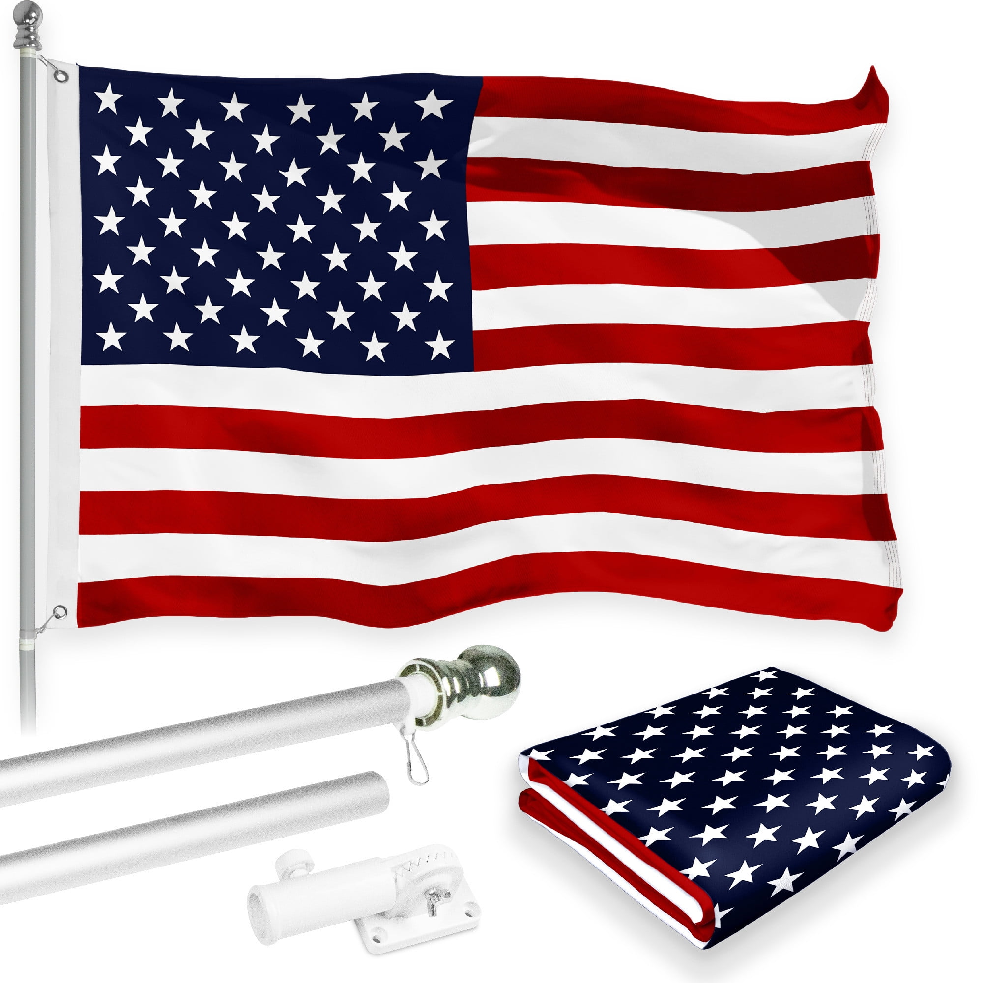 G128 Combo Pack: 5 Ft Tangle Free Aluminum Spinning Flagpole (Silver) & American USA Flag 2x3 Ft, LiteWeave Pro Series Printed 150D Polyester | Pole with Flag Included