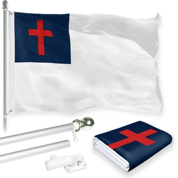 G128 Combo Pack: 5 Ft Tangle Free Aluminum Spinning Flagpole (Silver) & Christian Flag 2x3 Ft, LiteWeave Pro Series Printed 150D Polyester | Pole with Flag Included