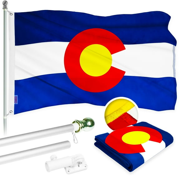 G128 Combo Pack: 5 Ft Tangle Free Aluminum Spinning Flagpole (Silver) & Colorado CO State Flag 2.5x4 Ft, ToughWeave Series Embroidered 300D Polyester | Pole with Flag Included