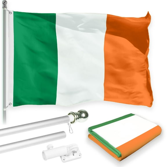 G128 Combo Pack: 5 Ft Tangle Free Aluminum Spinning Flagpole (Silver) & Ireland Irish Flag 2x3 Ft, LiteWeave Pro Series Printed 150D Polyester | Pole with Flag Included