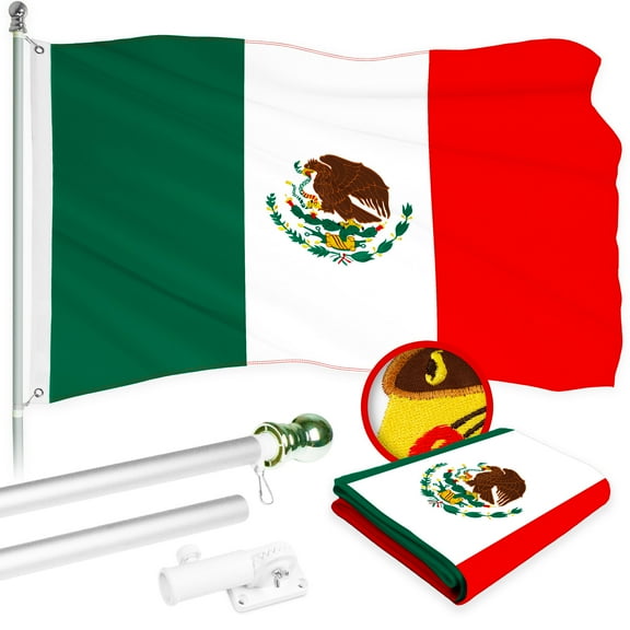 G128 Combo Pack: 5 Ft Tangle Free Aluminum Spinning Flagpole (Silver) & Mexico Mexican Flag 2.5x4 Ft, ToughWeave Series Embroidered 300D Polyester | Pole with Flag Included