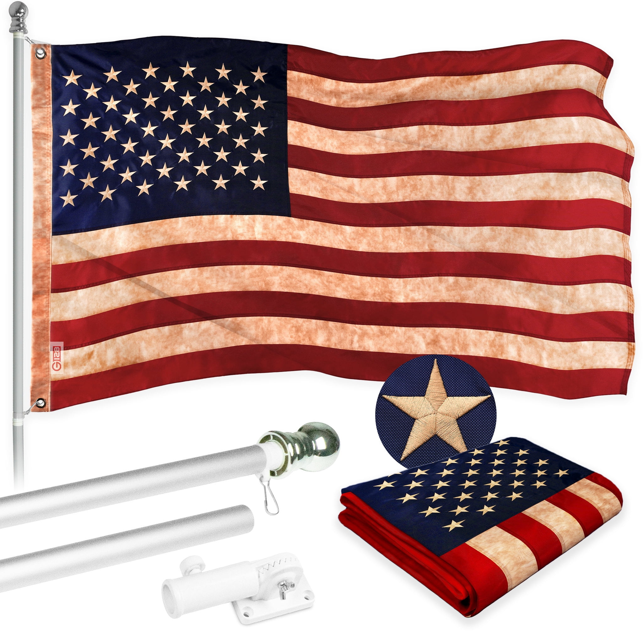 G128 Combo Pack: 5 Ft Tangle Free Aluminum Spinning Flagpole (Silver) & USA Tea-Stained Flag 2.5x4 Ft, ToughWeave Pro Series Embroidered 420D Polyester | Pole with Flag Included
