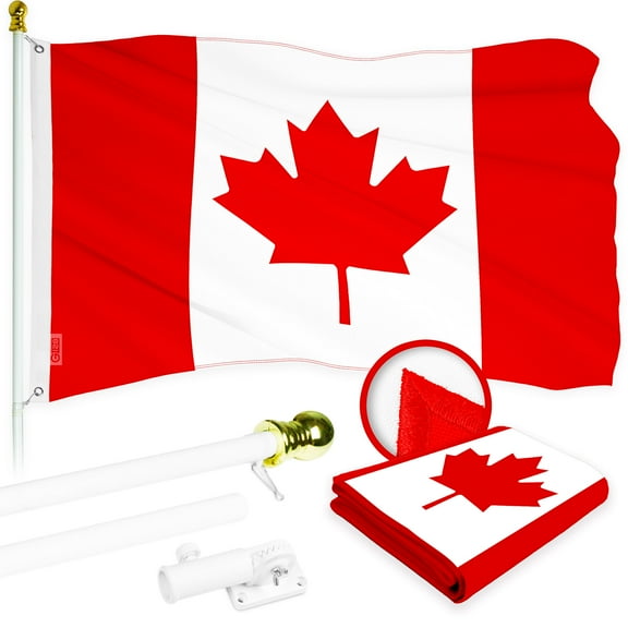 G128 Combo Pack: 5 Ft Tangle Free Aluminum Spinning Flagpole (White) & Canada Canadian Flag 2x3 Ft, ToughWeave Series Embroidered 210D Polyester | Pole with Flag Included
