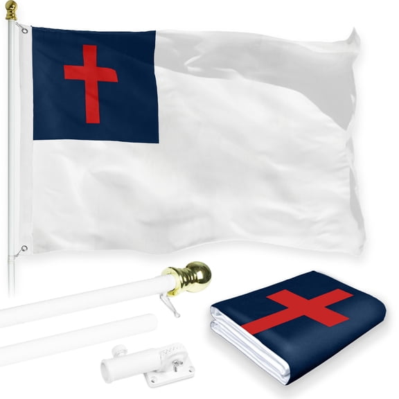 G128 Combo Pack: 5 Ft Tangle Free Aluminum Spinning Flagpole (White) & Christian Flag 2x3 Ft, LiteWeave Pro Series Printed 150D Polyester | Pole with Flag Included