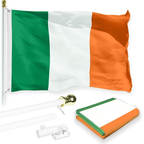 G128 Combo Pack: 5 Ft Tangle Free Aluminum Spinning Flagpole (White) & Ireland Irish Flag 2x3 Ft, LiteWeave Pro Series Printed 150D Polyester | Pole with Flag Included