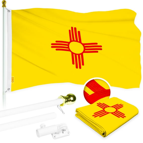 G128 Combo Pack: 5 Ft Tangle Free Aluminum Spinning Flagpole (White) & New Mexico NM State Flag 2x3 Ft, ToughWeave Series Embroidered 300D Polyester | Pole with Flag Included