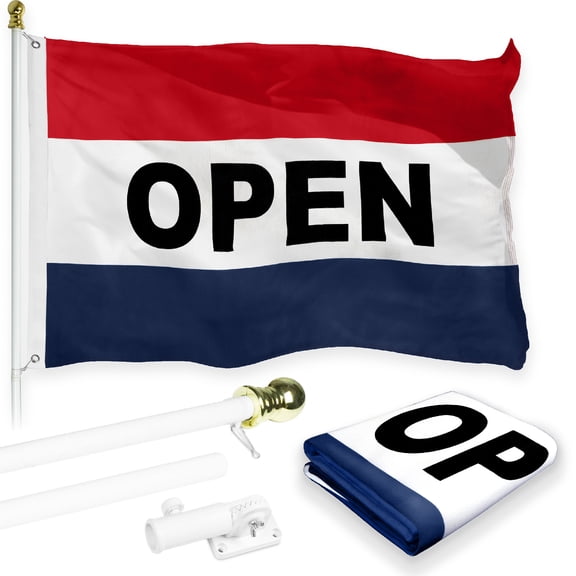 G128 Combo Pack: 5 Ft Tangle Free Aluminum Spinning Flagpole (White) & Open Flag 2x3 Ft, LiteWeave Pro Series Printed 150D Polyester | Pole with Flag Included