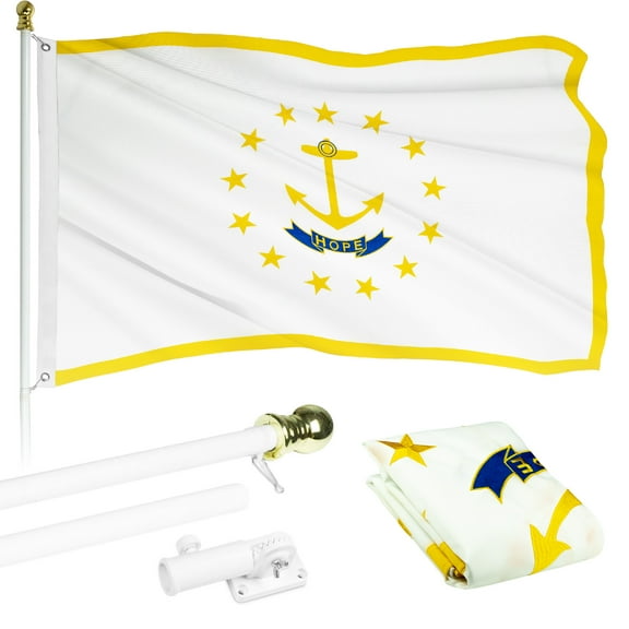 G128 Combo Pack: 5 Ft Tangle Free Aluminum Spinning Flagpole (White) & Rhode Island RI State Flag 2x3 Ft, ToughWeave Series Embroidered 300D Polyester | Pole with Flag Included