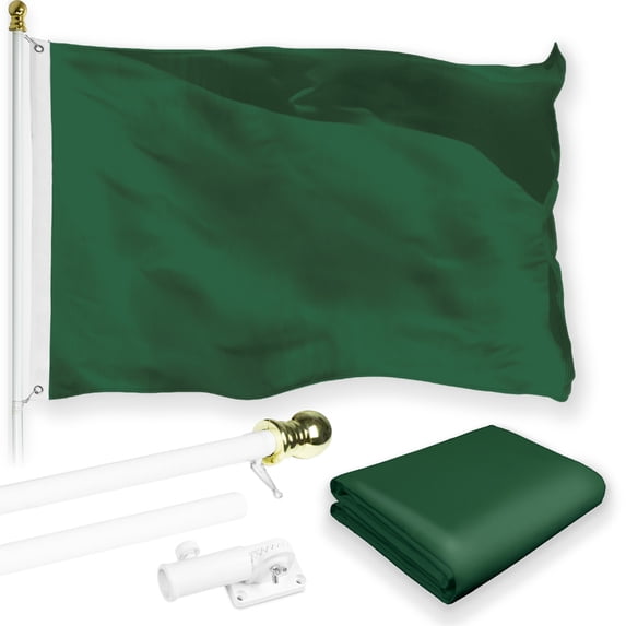 G128 Combo Pack: 5 Ft Tangle Free Aluminum Spinning Flagpole (White) & Solid Dark Green Color Flag 2x3 Ft, LiteWeave Pro Series Printed 150D Polyester | Pole with Flag Included