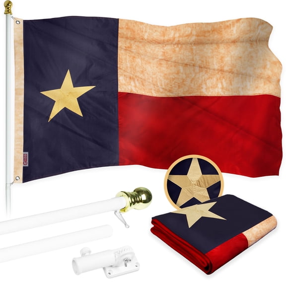 G128 Combo Pack: 5 Ft Tangle Free Aluminum Spinning Flagpole (White) & Texas Tea-Stained Flag 2x3 Ft, ToughWeave Pro Series Embroidered 420D Polyester | Pole with Flag Included