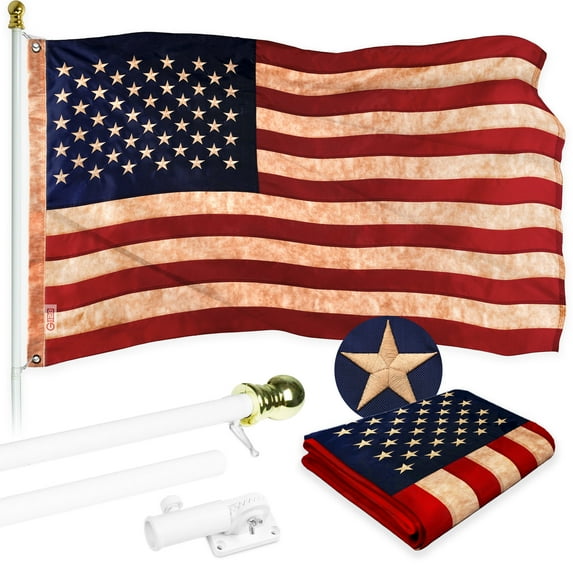 G128 Combo Pack: 5 Ft Tangle Free Aluminum Spinning Flagpole (White) & USA Tea-Stained Flag 2x3 Ft, ToughWeave Pro Series Embroidered 420D Polyester | Pole with Flag Included