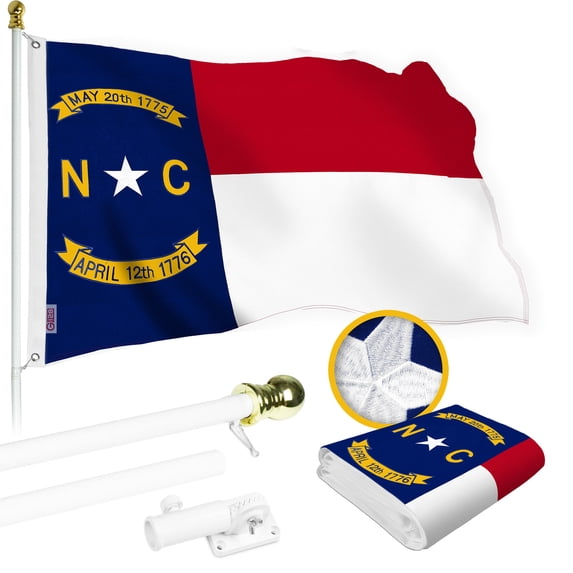 G128 Combo Pack: 5 Ft Tangle Free Spinning Flagpole (White) & North Carolina Flag 2x3 Ft Embroidered 220GSM Spun Polyester, Brass Grommets (Flag Included) Aluminum Flag Pole