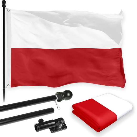 G128 Combo Pack: 6 Feet Tangle Free Spinning Flagpole (Black) Poland Polish Flag 3x5 ft Printed 150D Brass Grommets (Flag Included) Aluminum Flag Pole