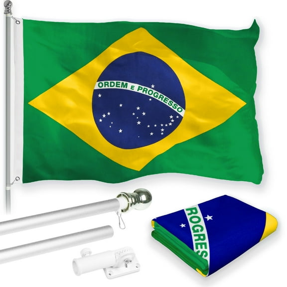 G128 Combo Pack: 6 Feet Tangle Free Spinning Flagpole (Silver) Brazil Brazilian Flag 3x5 ft Printed 150D Brass Grommets (Flag Included) Aluminum Flag Pole