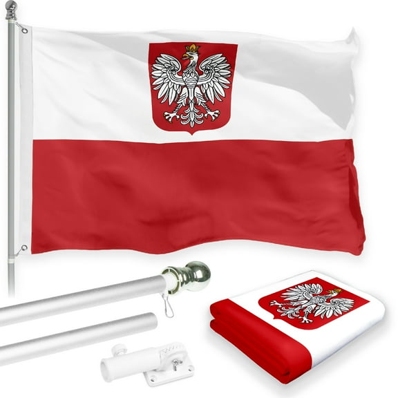 G128 Combo Pack: 6 Feet Tangle Free Spinning Flagpole (Silver) Poland Polish Flag 3x5 ft Printed 150D Brass Grommets (Flag Included) Aluminum Flag Pole