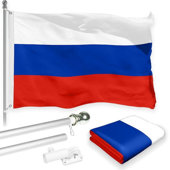 G128 Combo Pack: 6 Feet Tangle Free Spinning Flagpole (Silver) Russia Russian Flag 3x5 ft Printed 150D Brass Grommets (Flag Included) Aluminum Flag Pole