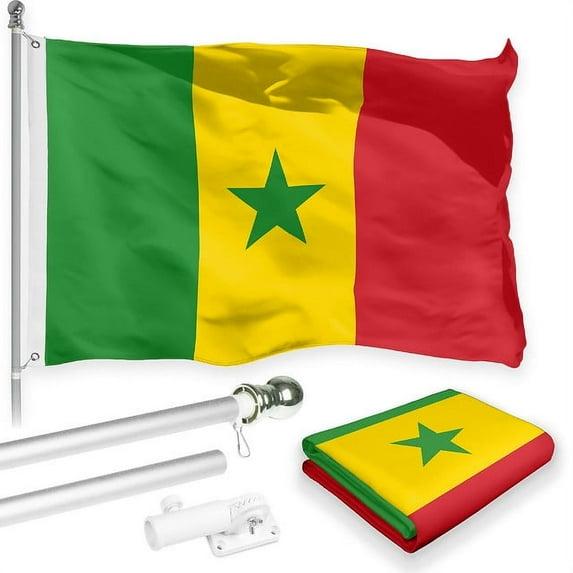 G128 Combo Pack: 6 Feet Tangle Free Spinning Flagpole (Silver) Senegal Senegalese Flag 3x5 ft Printed 150D Brass Grommets (Flag Included) Aluminum Flag Pole