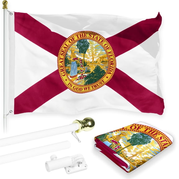 G128 Combo Pack: 6 Feet Tangle Free Spinning Flagpole (White) Florida FL State Flag 3x5 ft Printed 150D Brass Grommets (Flag Included) Aluminum Flag Pole