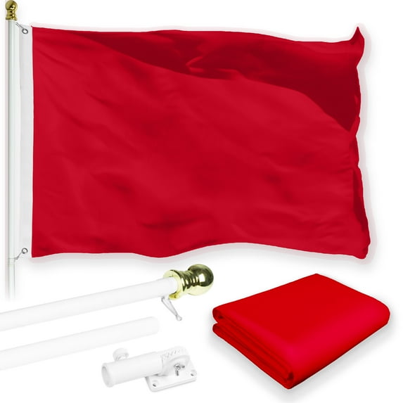 G128 Combo Pack: 6 Feet Tangle Free Spinning Flagpole (White) Solid Red Flag 3x5 ft Printed 150D Brass Grommets (Flag Included) Aluminum Flag Pole