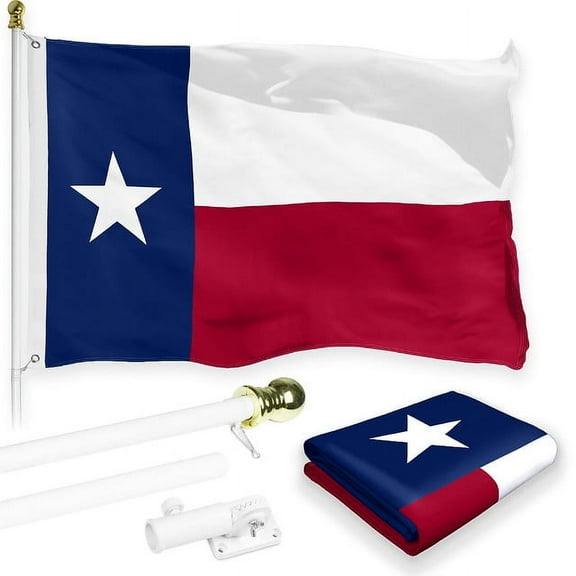 G128 Combo: 6 ft White Tangle-Free Spinning Flagpole & 3x5 ft Texas Flag, Printed 150D Polyester