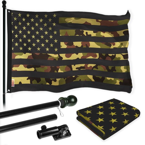 G128 Combo Pack: 6 Ft Tangle Free Aluminum Spinning Flagpole (Black) & American USA Camouflage Flag 3x5 Ft, LiteWeave Pro Series Printed 300D Polyester | Pole with Flag Included