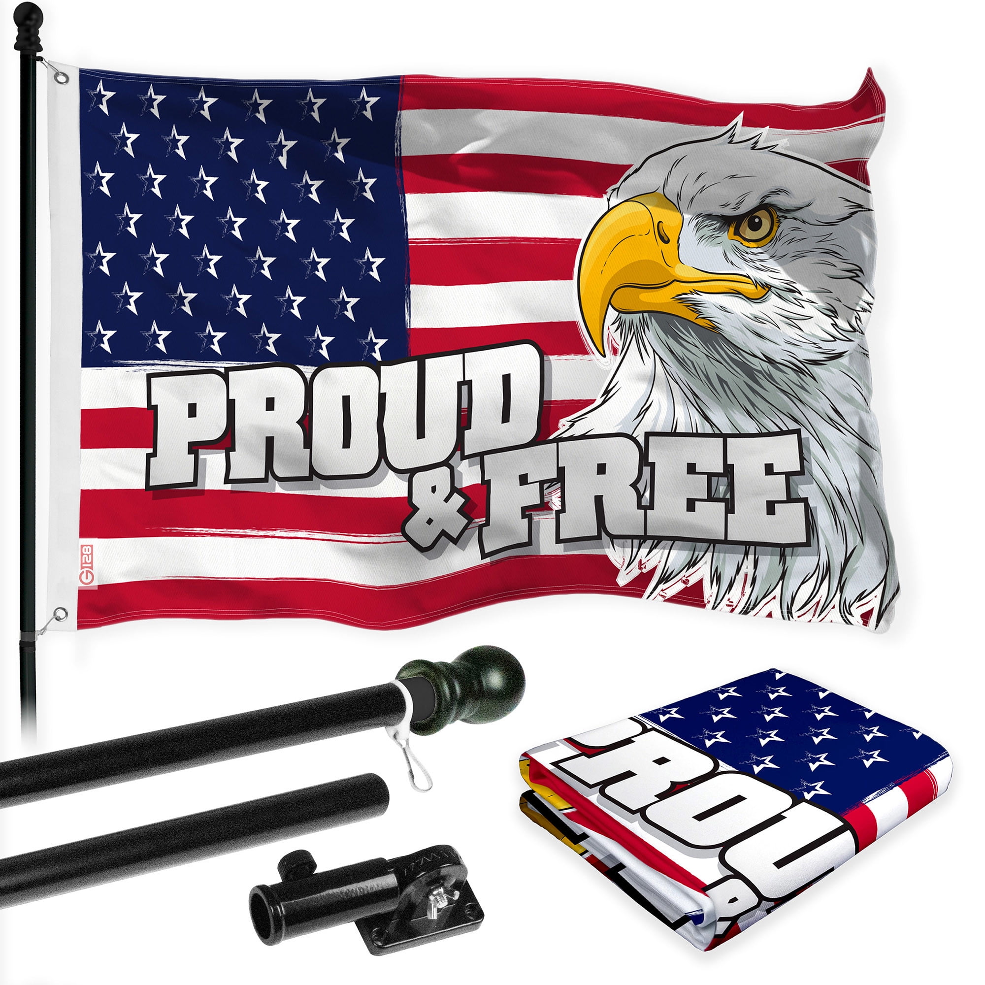 G128 Combo Pack: 6 Ft Tangle Free Aluminum Spinning Flagpole (Black) & American USA Proud & Free Eagle Flag Flag 3x5 Ft, LiteWeave Pro Series Printed 300D Polyester | Pole with Flag Included