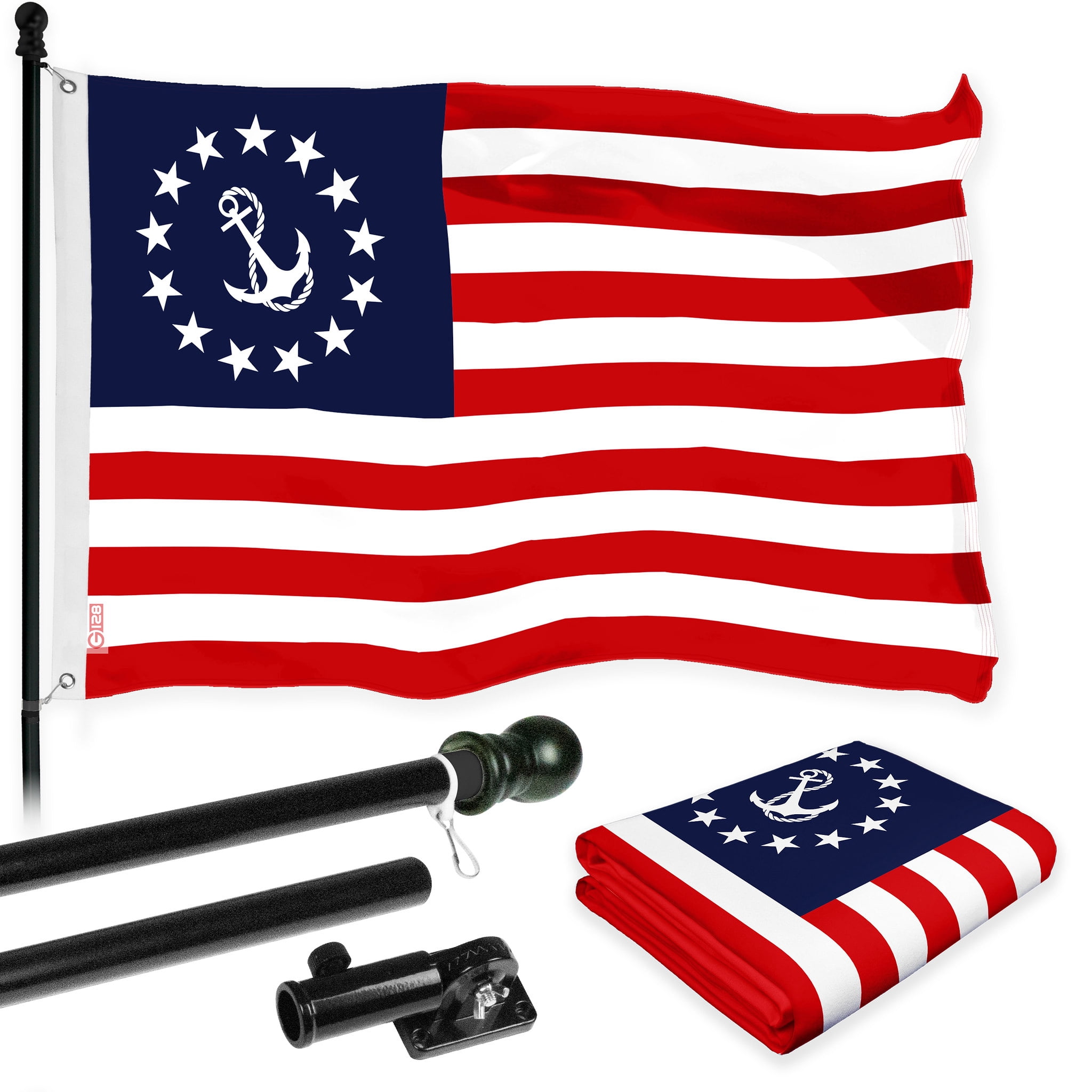 G128 Combo Pack: 6 Ft Tangle Free Aluminum Spinning Flagpole (Black) & American USA Yacht Ensign Flag 3x5 Ft, LiteWeave Pro Series Printed 150D Polyester | Pole with Flag Included