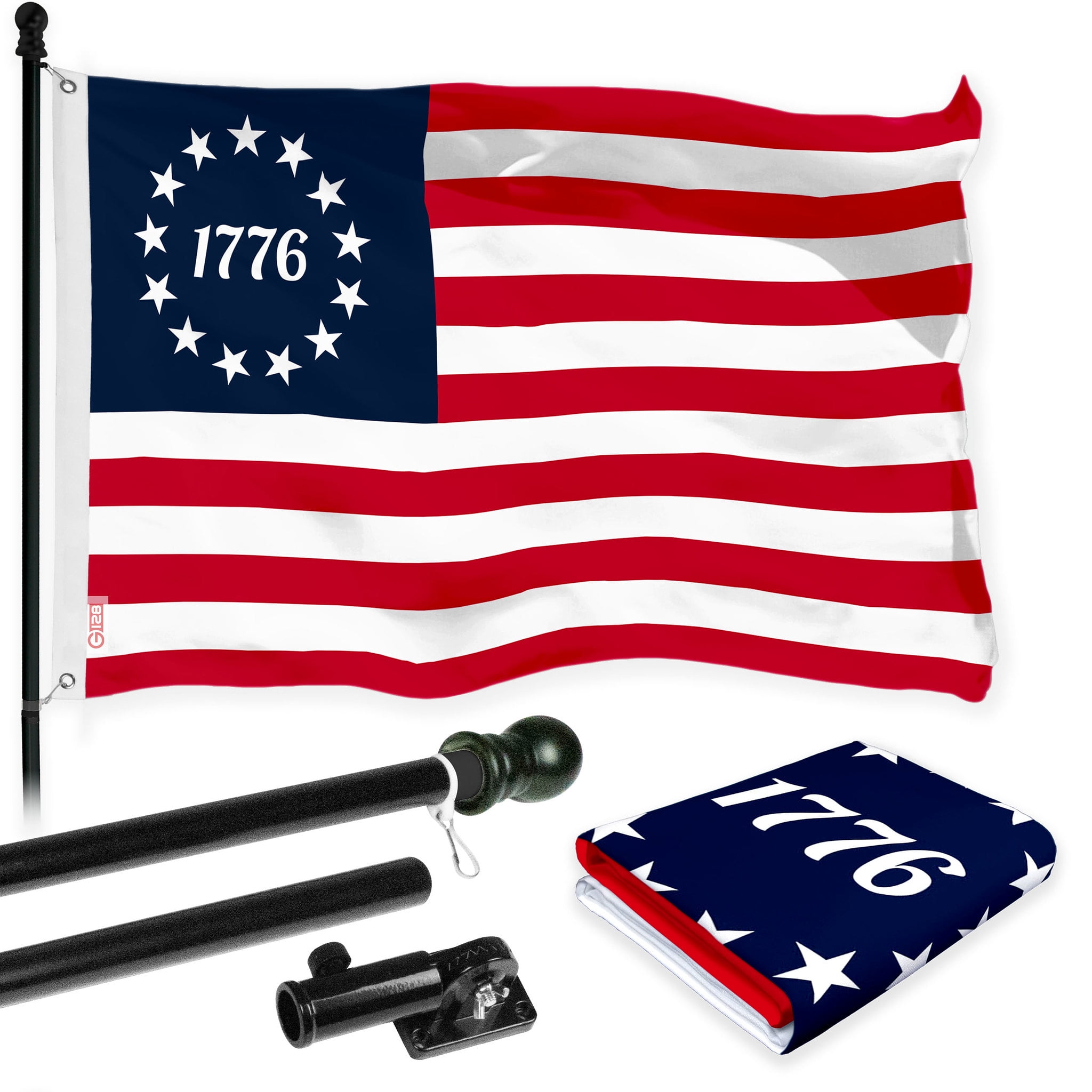 G128 Combo Pack: 6 Ft Tangle Free Aluminum Spinning Flagpole (Black) & Betsy Ross 1776 Flag 3x5 Ft, LiteWeave Pro Series Printed 150D Polyester | Pole with Flag Included