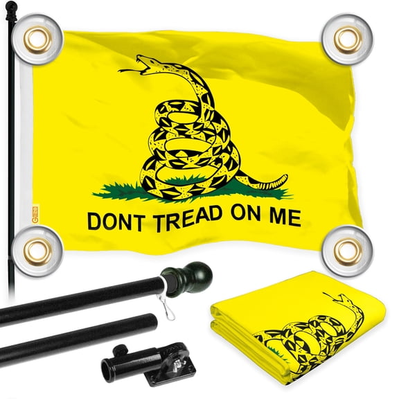 G128 Combo Pack: 6 Ft Tangle Free Aluminum Spinning Flagpole (Black) & Gadsden Don't Tread On Me Flag 3x5 Ft, LiteWeave Pro Printed 150D Polyester, 4 Corner Brass Grommets | Pole with Flag Included