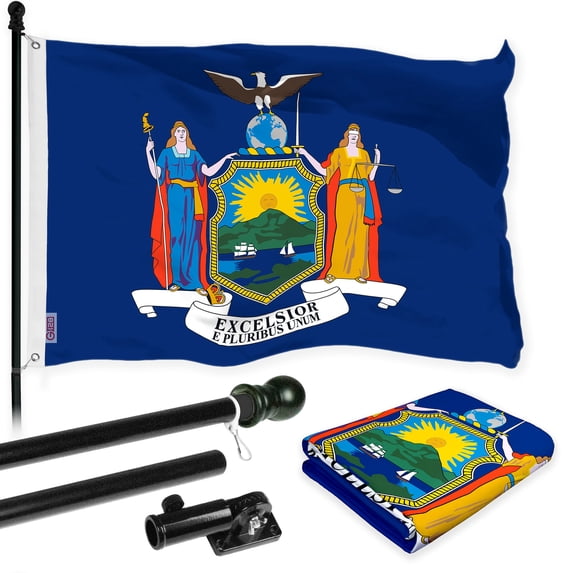 G128 Combo Pack: 6 Ft Tangle Free Aluminum Spinning Flagpole (Black) & New York NY State Flag 3x5 Ft, LiteWeave Pro Series Printed 300D Polyester | Pole with Flag Included