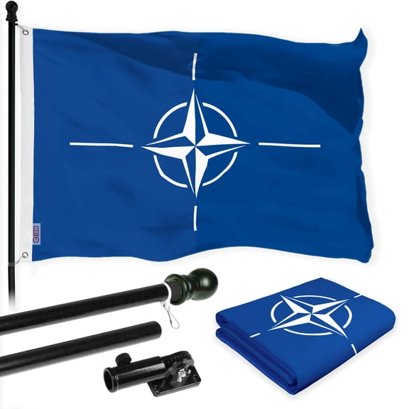 G128 Combo Pack: 6 Ft Tangle Free Aluminum Spinning Flagpole (Black) & North Atlantic Treaty Org NATO Flag 3x5 Ft, LiteWeave Pro Series Printed 150D Polyester | Pole with Flag Included