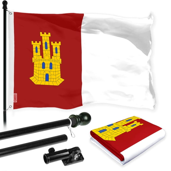 G128 Combo Pack: 6 Ft Tangle Free Aluminum Spinning Flagpole (Black) & Spain Castile La Mancha Flag 3x5 Ft, LiteWeave Pro Series Printed 150D Polyester | Pole with Flag Included
