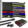 thumbnail image 1 of G128 Combo Pack: 6 Ft Tangle Free Aluminum Spinning Flagpole (Black) & Thin Line First Responders American Flag 3x5 Ft, LiteWeave Pro Series Printed 150D Polyester | Pole with Flag Included, 1 of 9