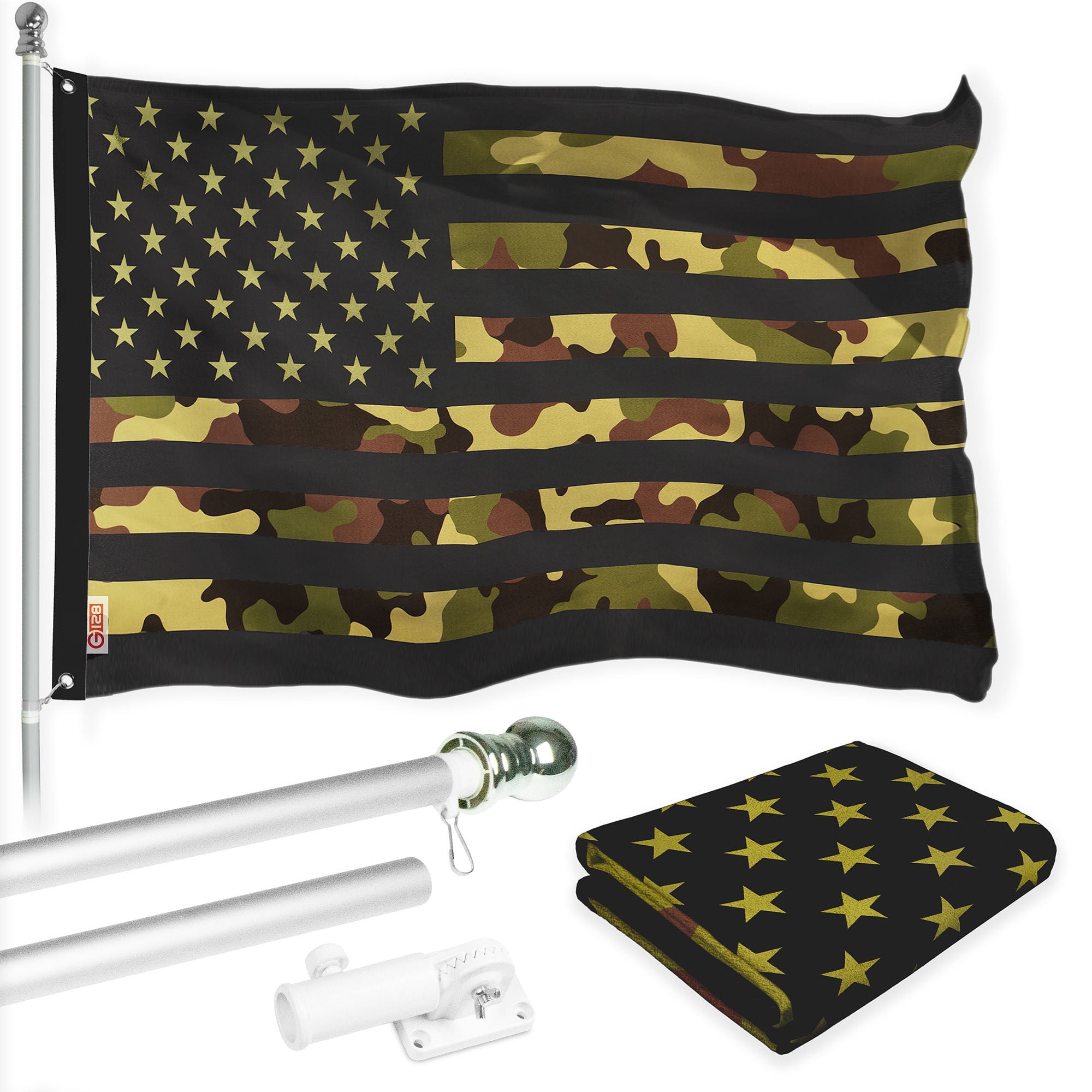G128 Combo Pack: 6 Ft Tangle Free Aluminum Spinning Flagpole (Silver) & American USA Camouflage Flag 3x5 Ft, LiteWeave Pro Series Printed 300D Polyester | Pole with Flag Included
