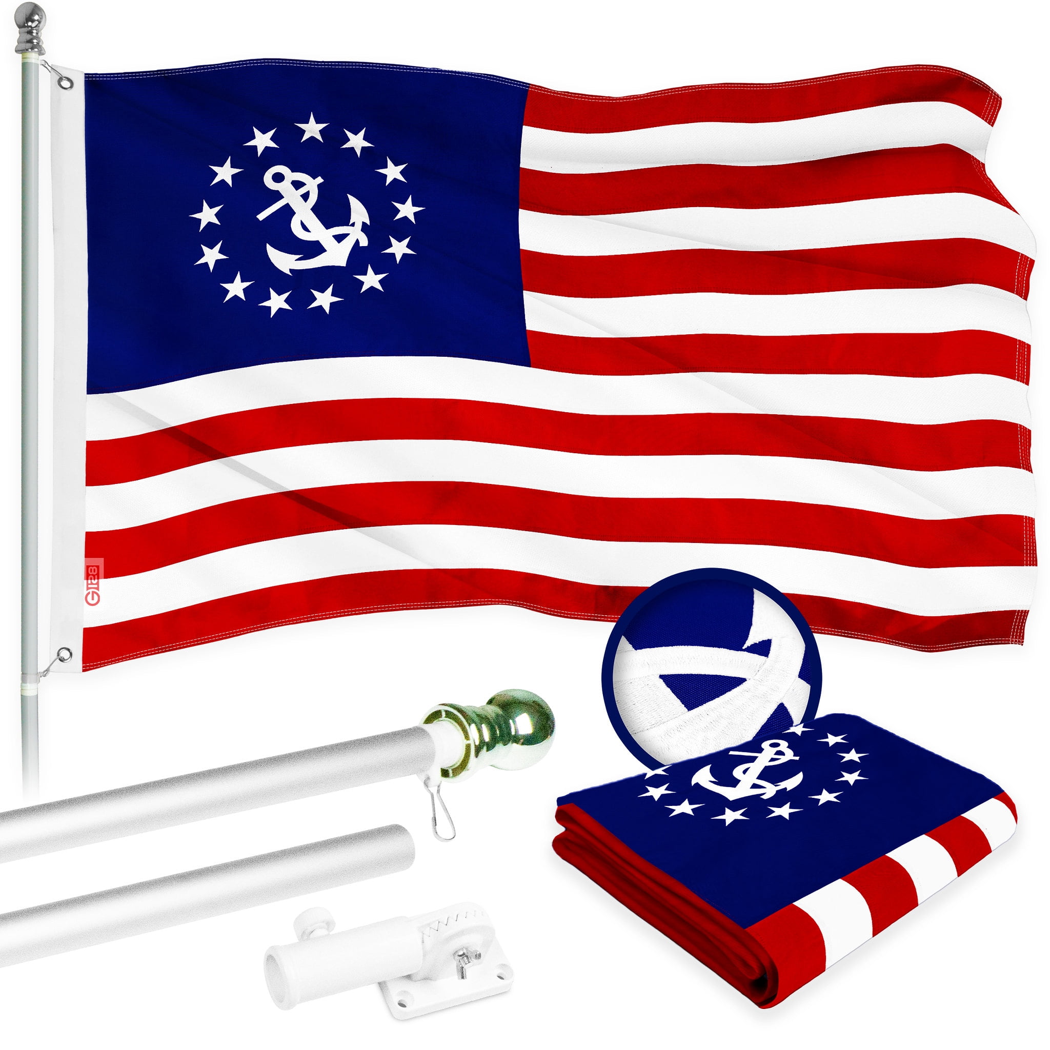 G128 Combo Pack: 6 Ft Tangle Free Aluminum Spinning Flagpole (Silver) & American USA Yacht Ensign Flag 3x5 Ft, ToughWeave Series Embroidered 300D Polyester | Pole with Flag Included