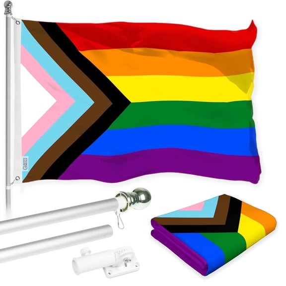 G128 LGBT Flag with Pole Set: Silver 6 Ft Tangle Free & Progress Rainbow Pride Flag 3x5 ft, LiteWeave Pro Series Printed 150D Polyester