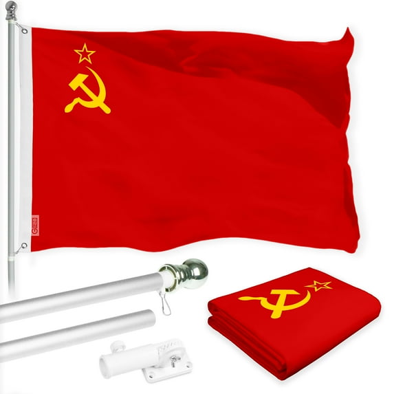 G128-Combo Kit: 6 Ft Tangle Free Aluminum Spinning Flagpole (Silver) & USSR Flag 3x5 Ft, LiteWeave Pro Series Printed 150D Polyester | Pole with Flag Included