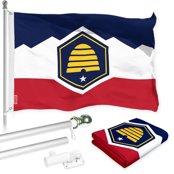 G128 Combo Pack: 6 Ft Tangle Free Aluminum Spinning Flagpole (Silver) & Utah 2023 New Version UT State Flag 3x5 Ft, LiteWeave Pro Series Printed 150D Polyester | Pole with Flag Included