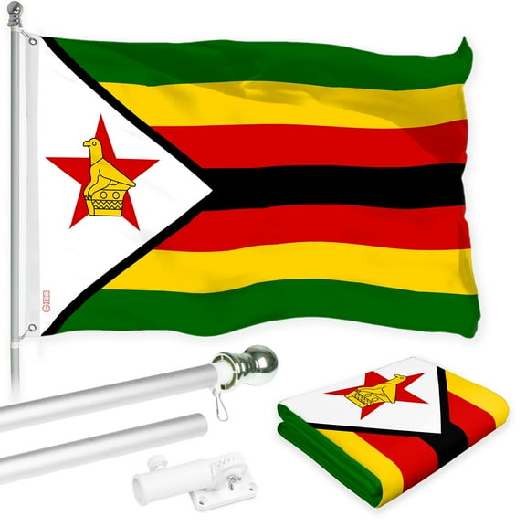 G128 Combo Pack: 6 Ft Tangle Free Aluminum Spinning Flagpole (Silver) & Zimbabwe Zimbabwean Flag 3x5 Ft, LiteWeave Pro Series Printed 150D Polyester | Pole with Flag Included
