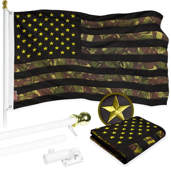 G128 Combo Pack: 6 Ft Tangle Free Aluminum Spinning Flagpole (White) & American USA Camouflage Flag 3x5 Ft, ToughWeave Pro Series Embroidered 420D Polyester | Pole with Flag Included