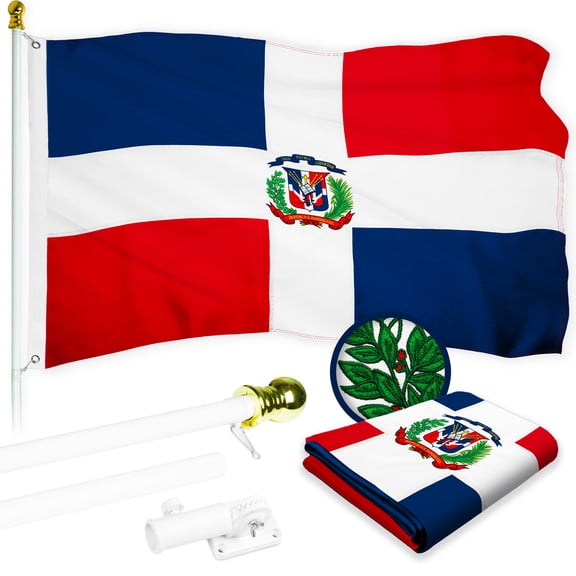 G128 Combo Pack: 6 Ft Tangle Free Aluminum Spinning Flagpole (White) & Dominican Republic Flag 3x5 Ft, ToughWeave Series Embroidered 300D Polyester | Pole with Flag Included