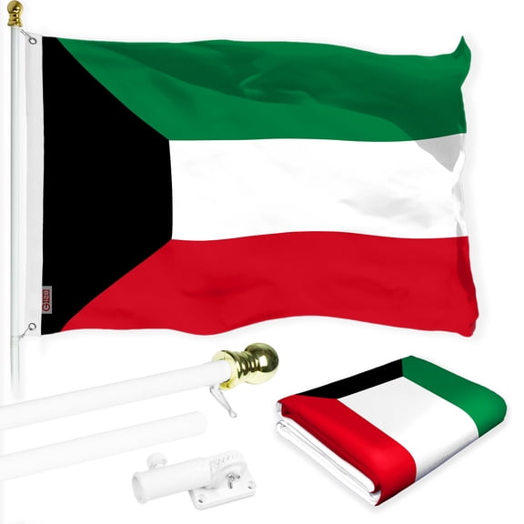 G128 Combo Pack: 6 Ft Tangle Free Aluminum Spinning Flagpole (White) & Kuwait Kuwaiti Flag 3x5 Ft, LiteWeave Pro Series Printed 150D Polyester | Pole with Flag Included
