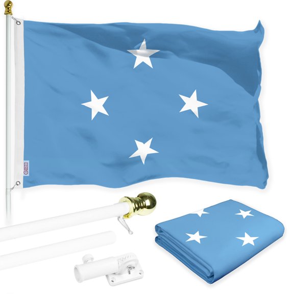 G128 Combo Pack: 6 Ft Tangle Free Aluminum Spinning Flagpole (White) & Micronesia Micronesian Flag 3x5 Ft LiteWeave Pro Series Printed 150D Polyester | Pole with Flag Included