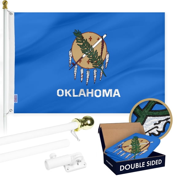 G128 Combo Pack: 6 Ft Tangle Free Aluminum Spinning Flagpole (White) & Oklahoma OK State Flag 3x5 Ft, Double ToughWeave Series Double Sided Embroidered 210D Polyester | Pole with Flag Included